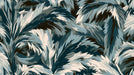 Abstract pattern of sweeping charcoal, teal, and cream plumed leaves with a painterly brushstroke texture.
