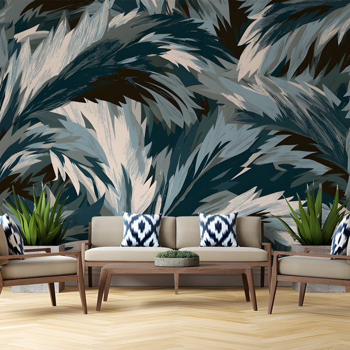 Modern living room interior with abstract painterly leaf wallpaper as a striking headboard feature wall.
