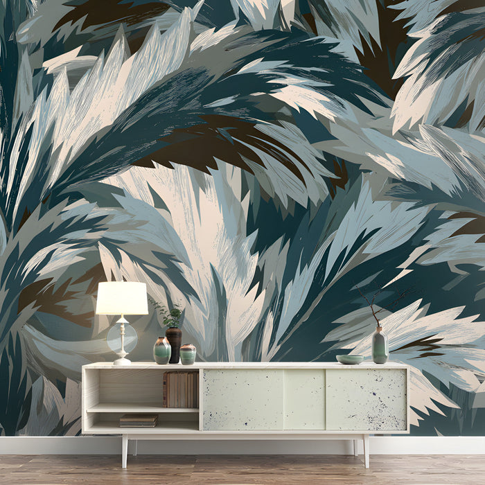 Bedroom interior featuring an abstract botanical leaf mural as a dramatic wall backdrop behind a grey sofa.