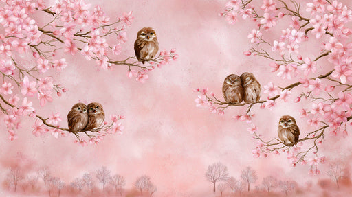 A soft pink mural featuring flowering cherry blossom branches and small brown owls perched on twigs.