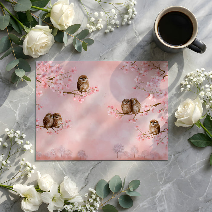 A cozy reading nook featuring an owl and pink floral mural with a plush armchair.