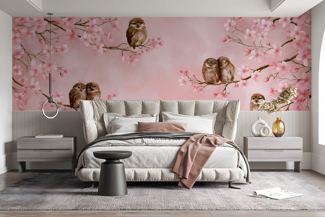 A whimsical nursery room with an owl and cherry blossom mural behind a white wooden crib.