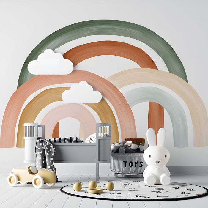 Calm bedroom design with earthy rainbow arch wallpaper as a soft headboard backdrop