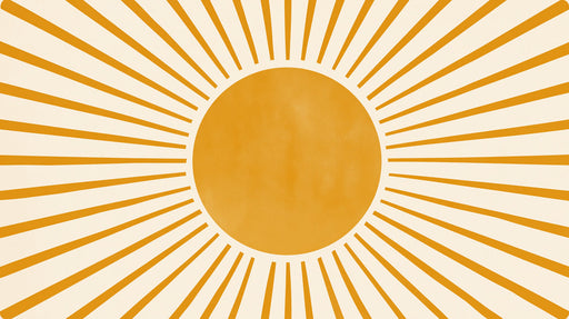 A centered sunburst pattern with golden ochre rays radiating from a circular sun on a cream background.