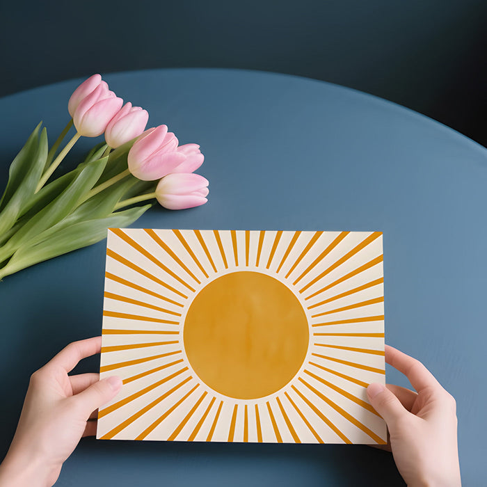 A bright kitchen breakfast nook featuring the sunburst mural as a cheerful accent wall.