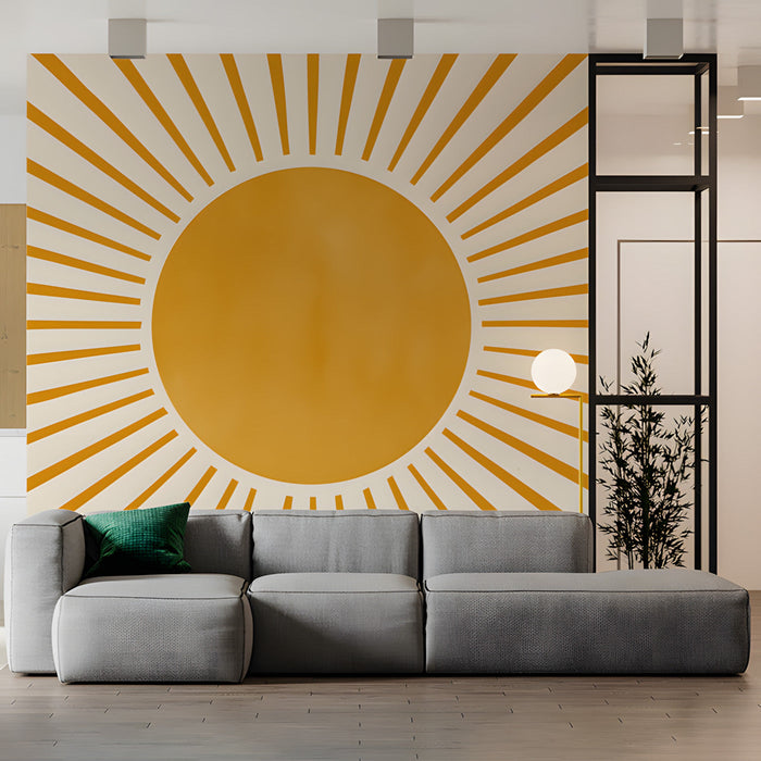 A sunny home office space with a radial gold sunburst mural creating an inspiring backdrop.