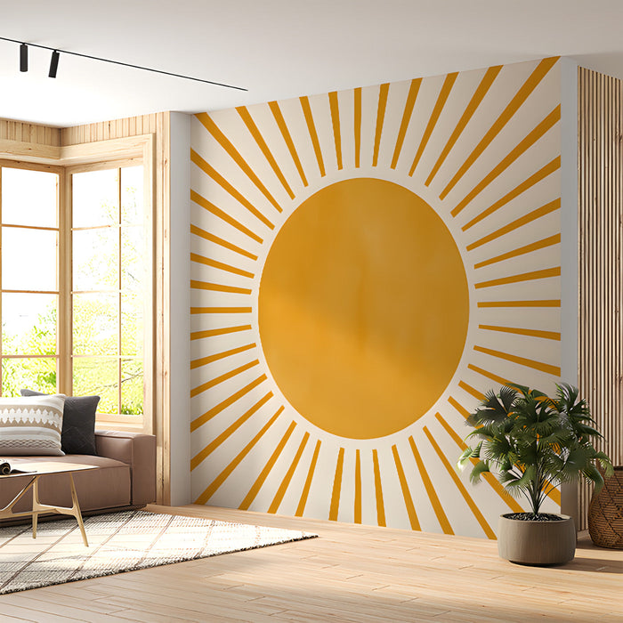 Sunburst wallpaper installed in a cozy living room with mid-century modern wooden furniture.