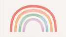A soft pastel rainbow arch mural with stippled texture in coral, peach, sage, lavender, and blue on cream.