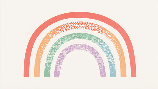 A soft pastel rainbow arch mural with stippled texture in coral, peach, sage, lavender, and blue on cream.