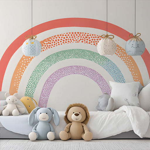 A modern bedroom space with a minimalist rainbow arch feature wall and light wood furniture.