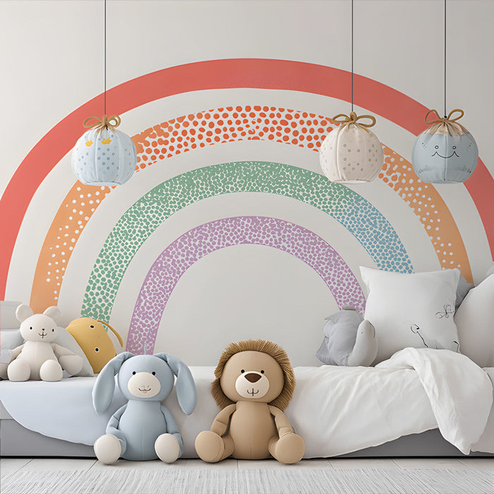 A modern bedroom space with a minimalist rainbow arch feature wall and light wood furniture.