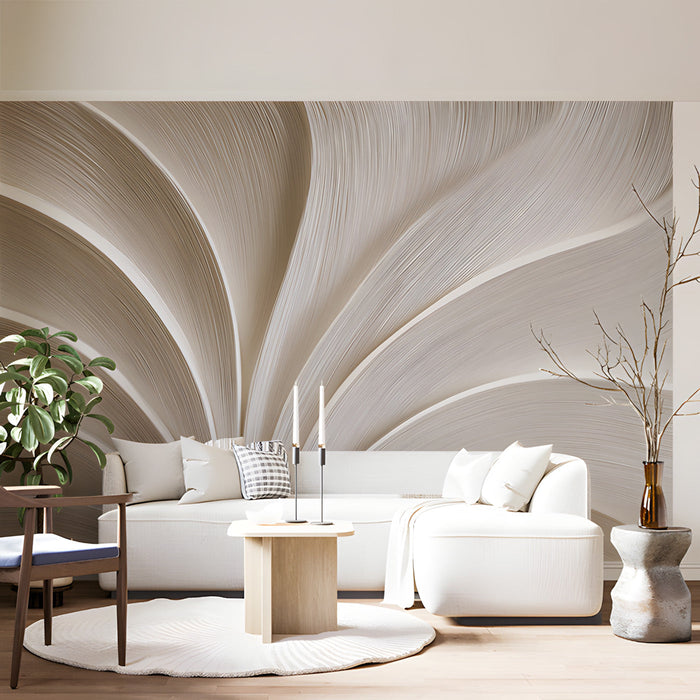 Minimalist living room featuring a neutral wave pattern mural as a sophisticated backdrop