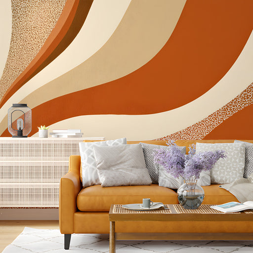 Modern living room wall decorated with flowing retro wave mural in earth tones.