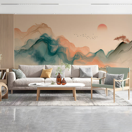 Serene living room featuring an ethereal mountain landscape mural behind a minimalist bed frame with soft linen bedding.