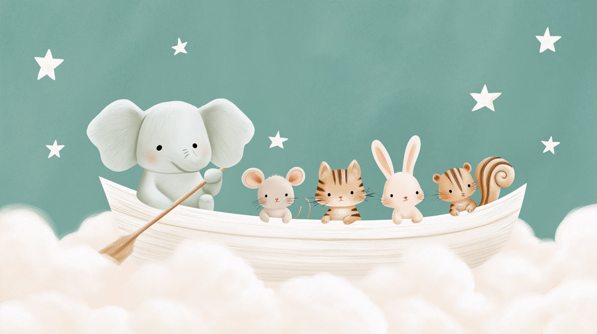 Whimsical illustration of an elephant, mouse, cat, bunny, and squirrel in a boat floating on clouds with stars on a teal background