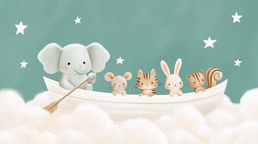 Whimsical illustration of an elephant, mouse, cat, bunny, and squirrel in a boat floating on clouds with stars on a teal background