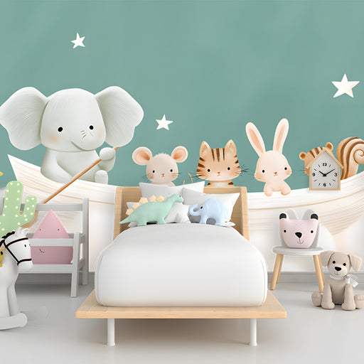 Cozy child's bedroom with the illustrated boat mural and soft ambient lighting