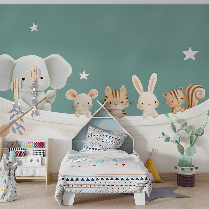 Nursery room featuring an animal boat mural on the main wall behind a white crib
