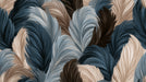 Abstract feather pattern with overlapping plumes in charcoal blue, brown, and sandy beige