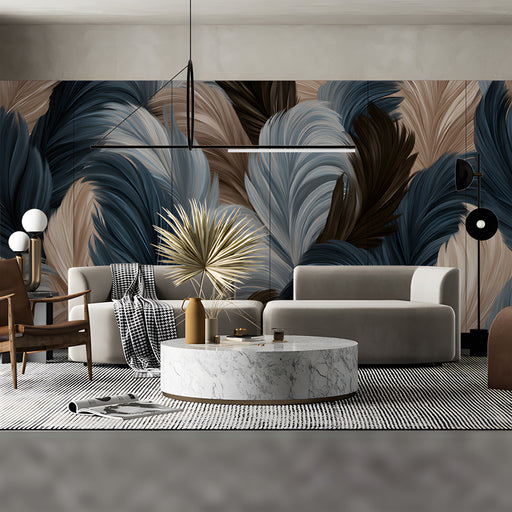 Elegant commercial interior featuring soft blue and beige feather pattern wallpaper