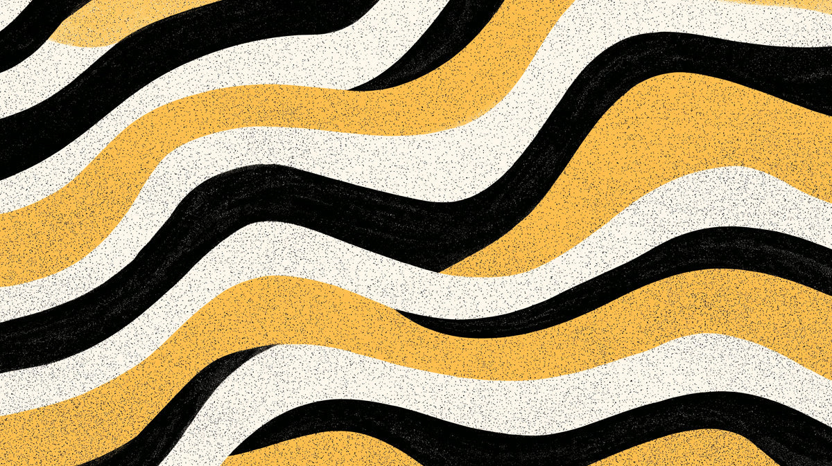 Abstract wallpaper pattern with sweeping wavy lines in ochre yellow, black, and white with a grainy texture.