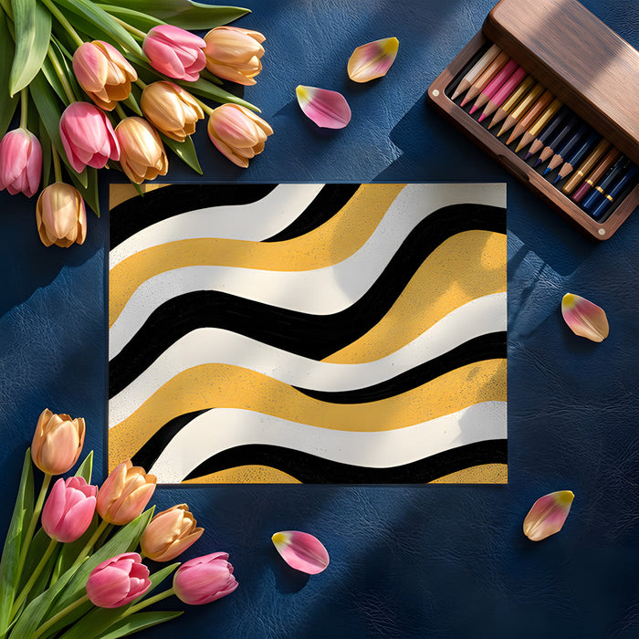 Creative home office with an abstract wave wallpaper creating an energetic backdrop for a desk.
