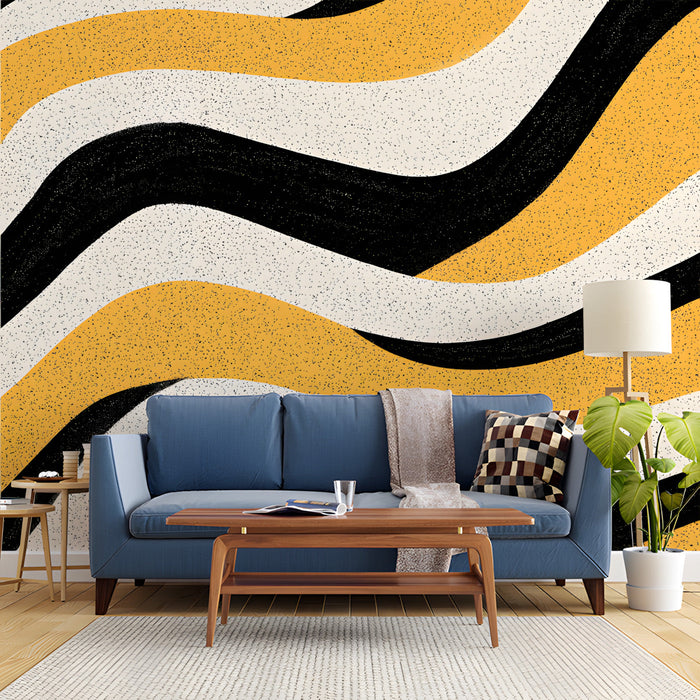 Contemporary study with a bold wavy abstract wall mural paired with dark wood furniture.
