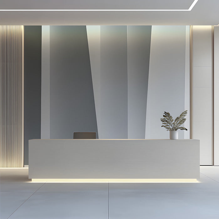 Reception wall decorated with architectural gray and white geometric panel wallpaper