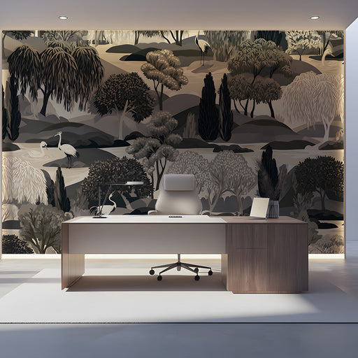 A refined office room installed with the monochrome crane and willow mural, adding artistic character to the space.