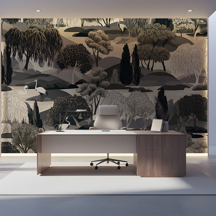 A refined office room installed with the monochrome crane and willow mural, adding artistic character to the space.
