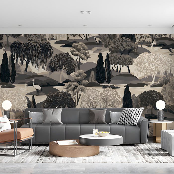 A sophisticated living room featuring the crane and willow mural on the main accent wall behind a velvet sofa.