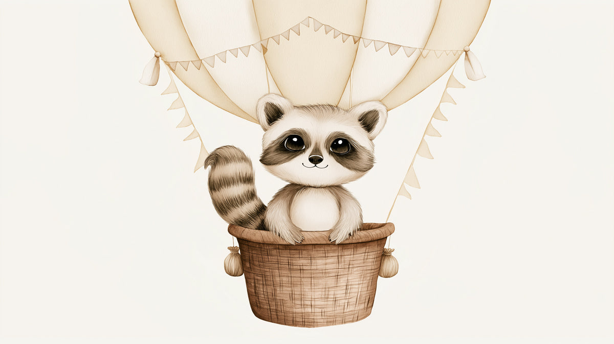 A cute cartoon raccoon with large eyes sitting in a woven hot air balloon basket against a cream background, illustration style.