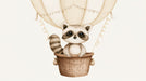 A cute cartoon raccoon with large eyes sitting in a woven hot air balloon basket against a cream background, illustration style.