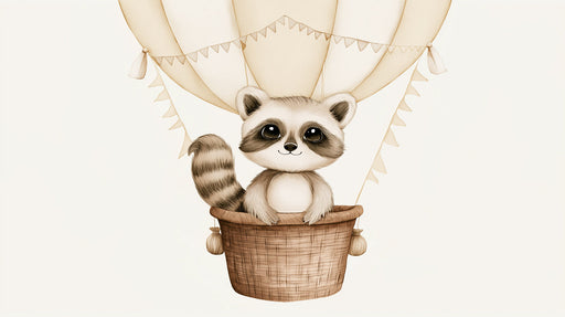 A cute cartoon raccoon with large eyes sitting in a woven hot air balloon basket against a cream background, illustration style.