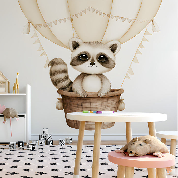 A cozy nursery featuring a whimsical raccoon hot air balloon wallpaper behind a white wooden crib and neutral bedding.