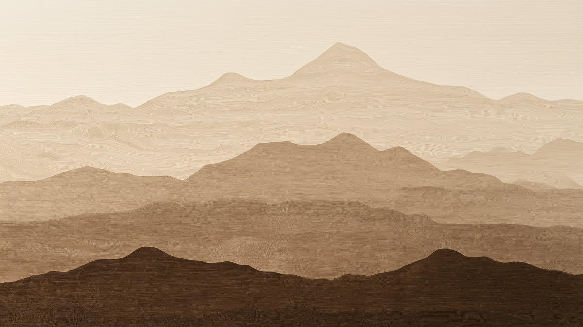 Minimalist mountain range wallpaper pattern in layered shades of sand, caramel, and espresso brown with a painterly brushstroke texture.