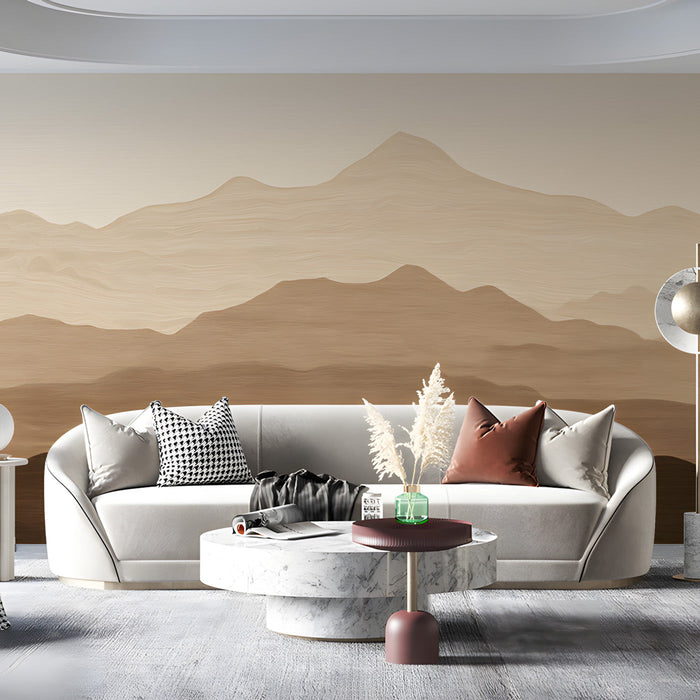 A minimalist living room design featuring the soft landscape mural, paired with warm wood tones and simple decor.