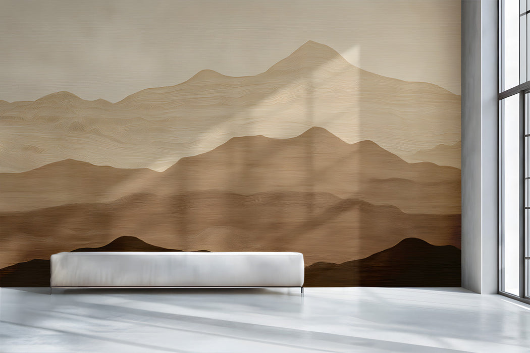 A serene hallway feature wall showcasing the minimalist brown mountain landscape mural behind a neutral linen bed frame.
