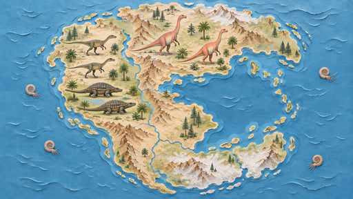 A textured mural depicting a prehistoric map with dinosaurs, palm trees, mountains, and fossilized sea creatures in an ocean.