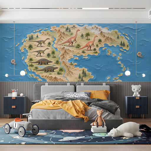 A spacious bedroom decorated with a prehistoric island map wallpaper, creating an imaginative adventure area.