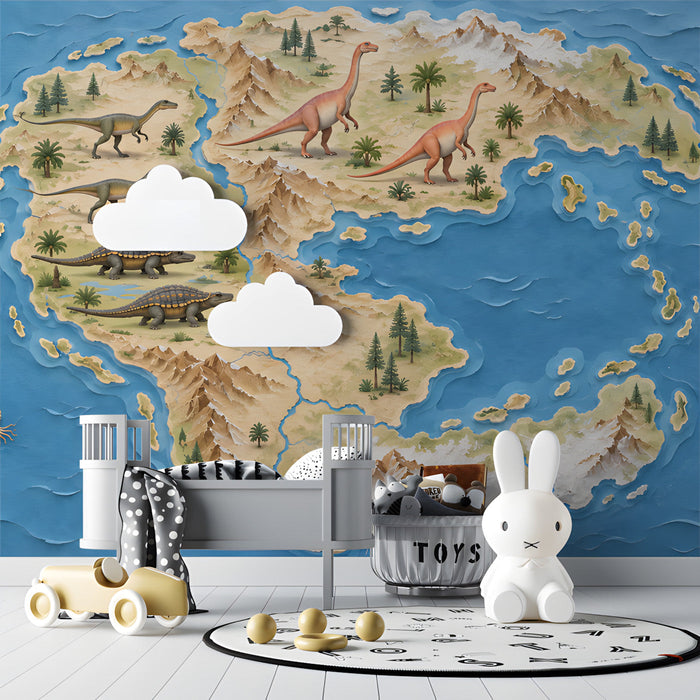 A child’s bedroom with a large dinosaur map mural on the feature wall, styled with wooden furniture.
