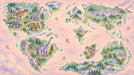 A world map wallpaper featuring dinosaurs, pine forests, and mountains on a soft pink ocean background.