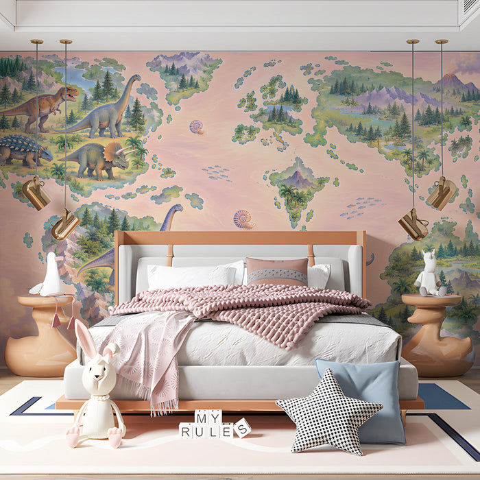 A bright bedroom interior with a prehistoric map mural on the wall and wooden toy storage baskets.