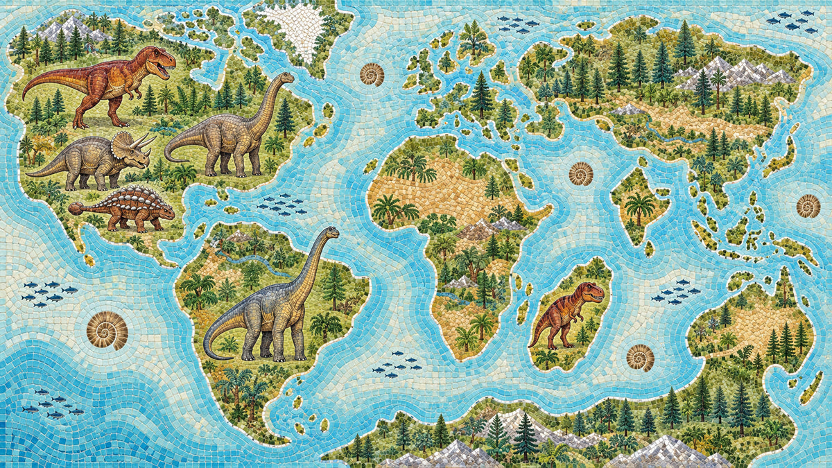 A world map wallpaper pattern with mosaic-tiled oceans and land containing forests, mountain ranges, and various dinosaur species.