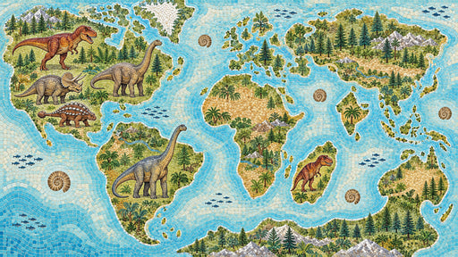 A world map wallpaper pattern with mosaic-tiled oceans and land containing forests, mountain ranges, and various dinosaur species.