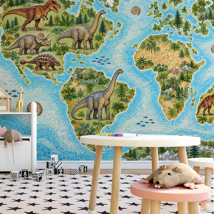 A playroom featuring a colorful educational world map mural with dinosaurs, set behind a neutral wooden desk.