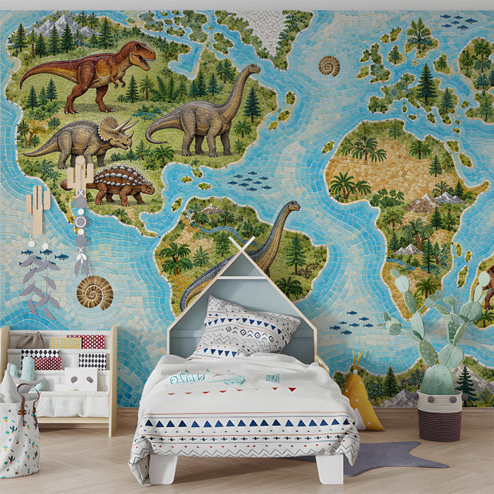 A child's bedroom featuring a mosaic dinosaur world map mural on the main wall with minimalist white furniture.