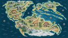 A detailed mural wallpaper featuring a world map with roaming dinosaurs in earthy tones set against a deep midnight blue sea.