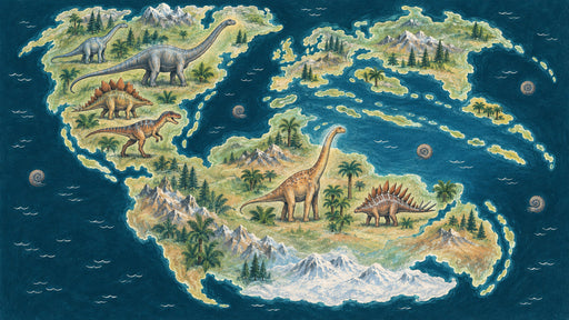 A detailed mural wallpaper featuring a world map with roaming dinosaurs in earthy tones set against a deep midnight blue sea.