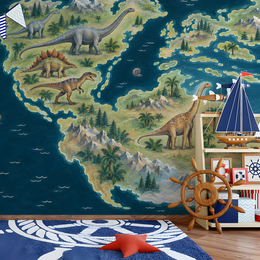 A playroom corner decorated with the dinosaur illustration wallpaper to encourage imaginative play.